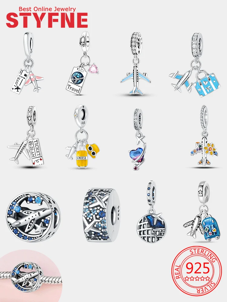 

925 Sterling Silver Charms Travel Series Zircon Airplane Luggage Sunglasses Beads Pendant Fit Original Bracelet Jewelry Gift