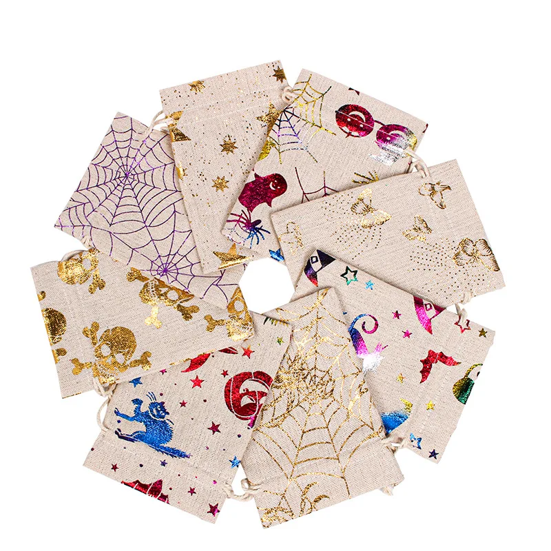 100Pcs/lot Halloween Cotton Drawstring Children's Gift Bags Gold-stamped Spider Web Cat Witch Pouches Candy Packaging Bag