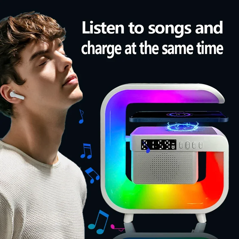 Support de chargeur sans fil multifonction, haut-parleur Bluetooth 5.0, veilleuse Fm Tf Rgb, station de charge rapide pour Xiaomi, iPhone, Samsung