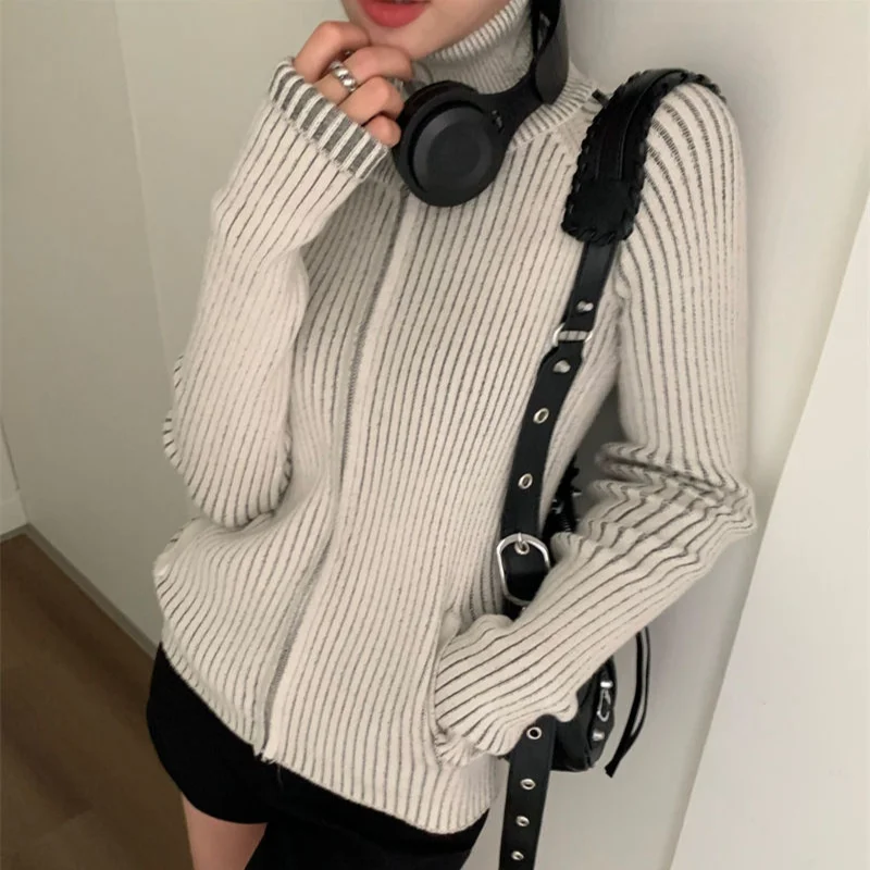 Deeptowm Grey Striped Women Sweater Y2K Retro Turtleneck Korean Fashion Zip Up Knit Cardigan Harajuku Autumn Slim Streetwear