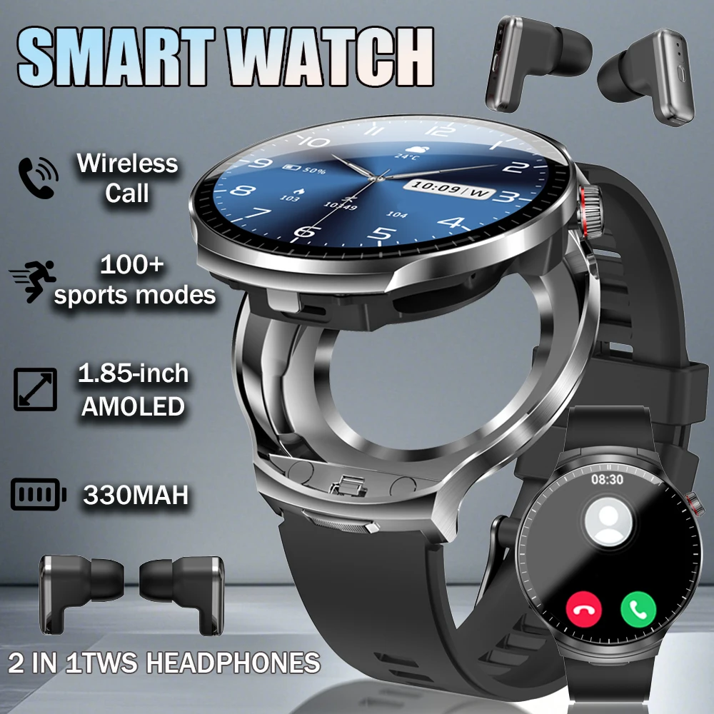 

2025НОВАЯ гарнитура TWS 2 в 1, умные часы 1,85 дюйма HD, беспроводной Bluetooth-монитор для звонков, монитор здоровья, спортивные часы для фитнеса с наушниками
