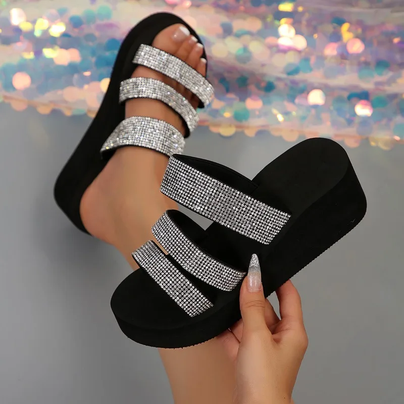 Women Slippers 2026 Summer New Fish Mouth Open Toe Slides Women Rhinestone Slope Hollow Casual Comfortable Platform Shoes