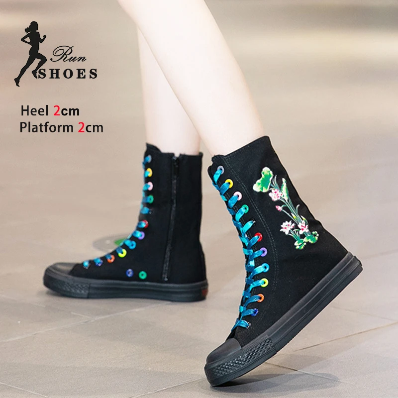 2024 New High Top Canvas Shoes For Women's Lotus Pattern Fashion Lace-up Versatile Woman Flat Sneakers Outdoors Casual Shoes 43