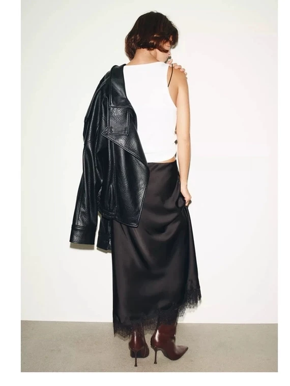 Nieuwe Collectie Herfst 2025, Dames Kanten Rand Zijde Satijn Textuur Midi Rok Hoge Taille A-lijn Slim Fit Pendelen Sle Vrijetijdskleding