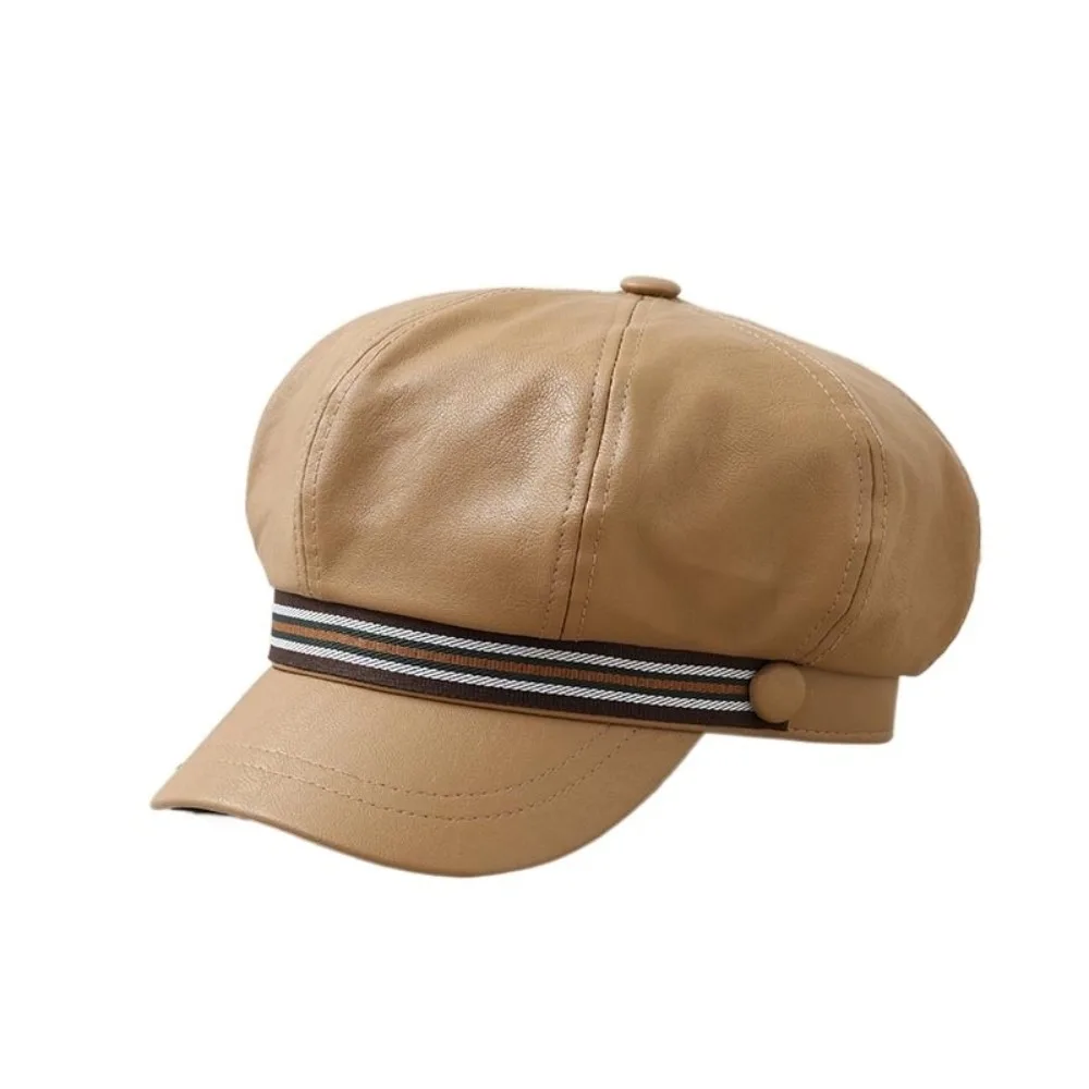 

Retro Stripe Pu Leather Beret Warm Windproof Octagonal Hat British Style Flat Painter Hat Autumn