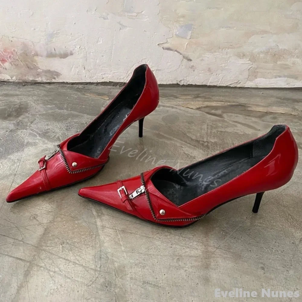 

Hotties Pointed Toe Stiletto Heel Red Pumps Women Shallow Rivet Zipper Belt Buckle Slip On Sandals New Fashion Design Punk Pumps