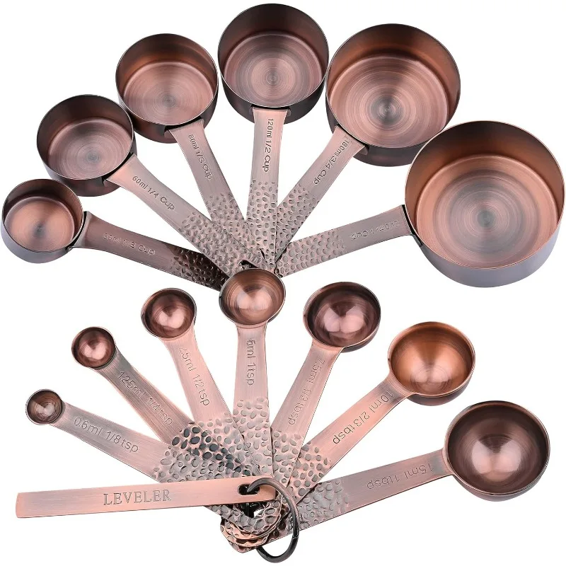 

Copper Measuring Cups and Spoons Set, Stainless Steel Copper Plated 6 Metric & US Measuring Cups & 7 Spoons with Leve