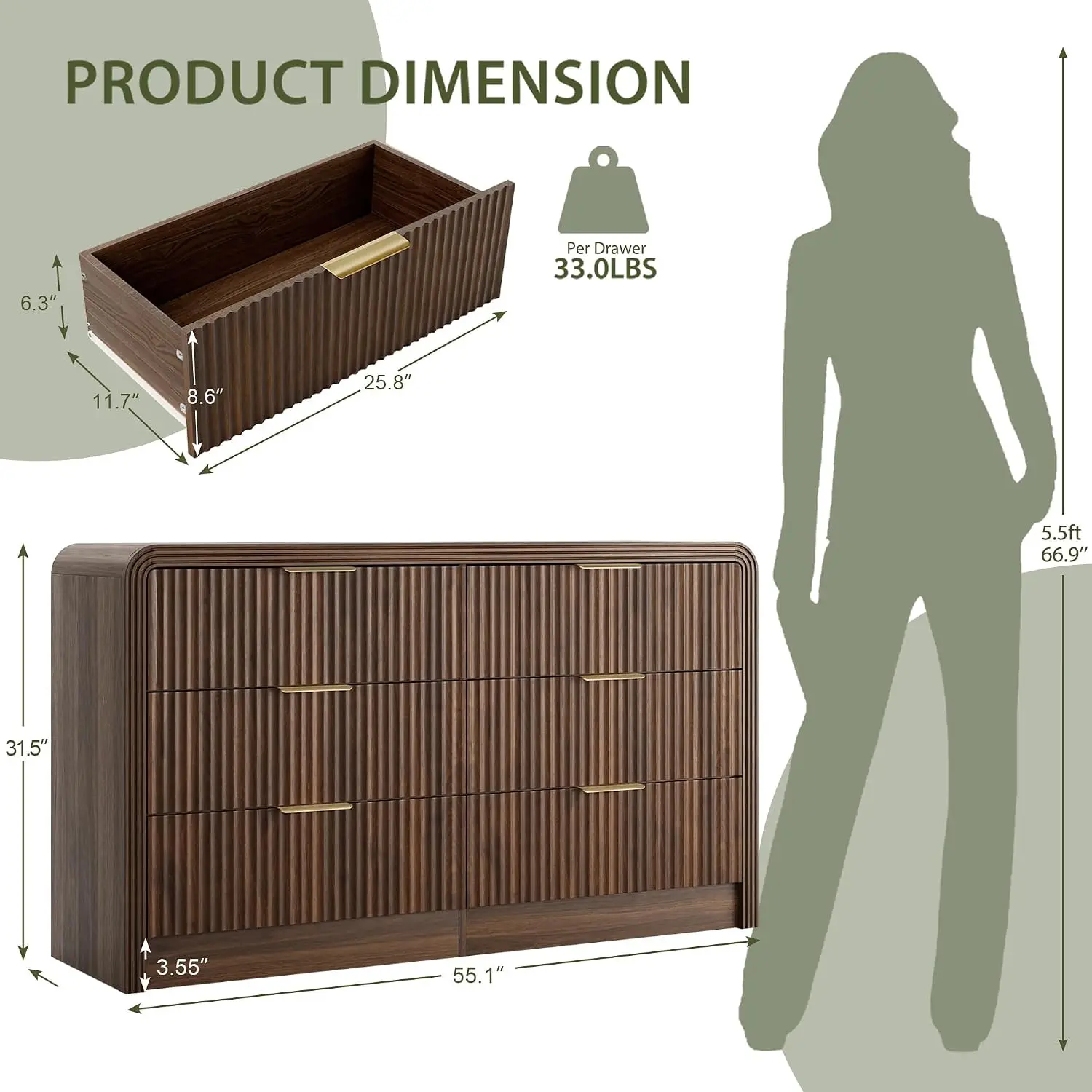 Fluted Six Drawer Dresser Storage Cabinet, Wood Chest Of Drawers Organizer For Bedroom Living Room Hallway, Modern Wave Texture Clothes Sideboard Stand, Contemporary Style, Walnut, 1 Pack