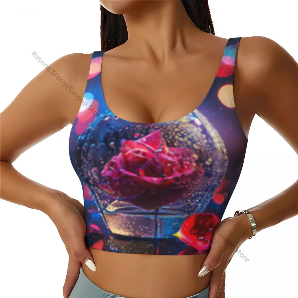 

Yoga Vest Women Gym Sports Crop Tops Perfume Bottle And Rose With Water Droplets Streetwear Workout Breathable Tank Top Female