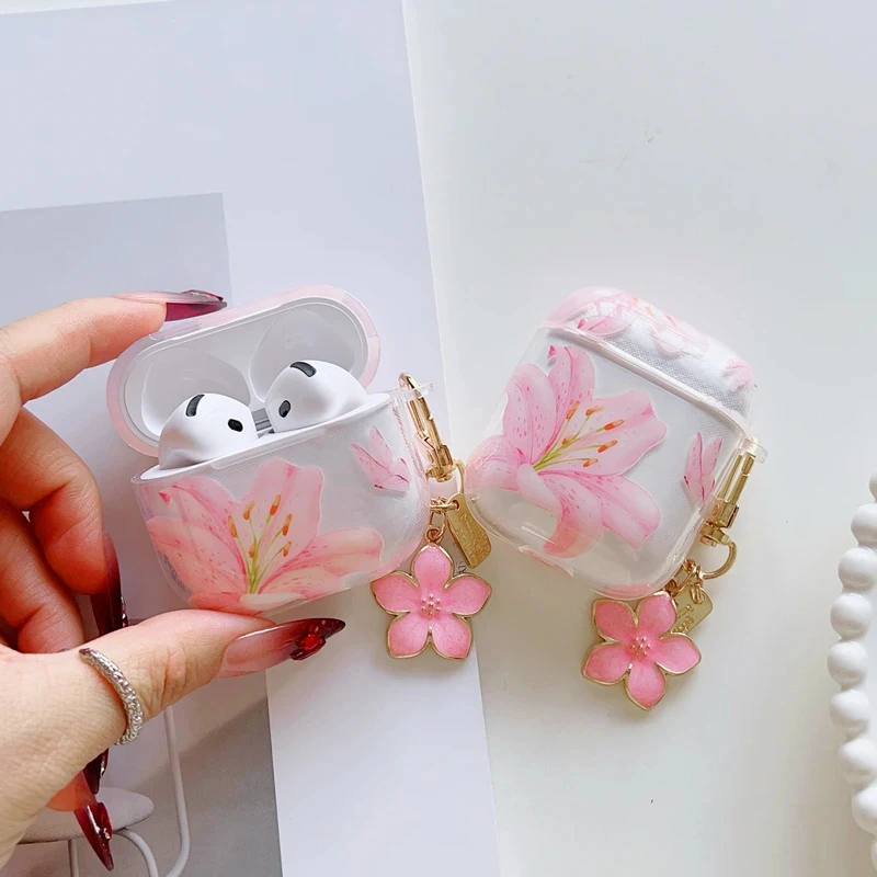 Cute Pink Lily Flowers Earphone Cases For AirPods Pro3 Protective Shell Soft Case For AirPods 1/2/3/4 Pro 2 Cover With Keychain - view 3