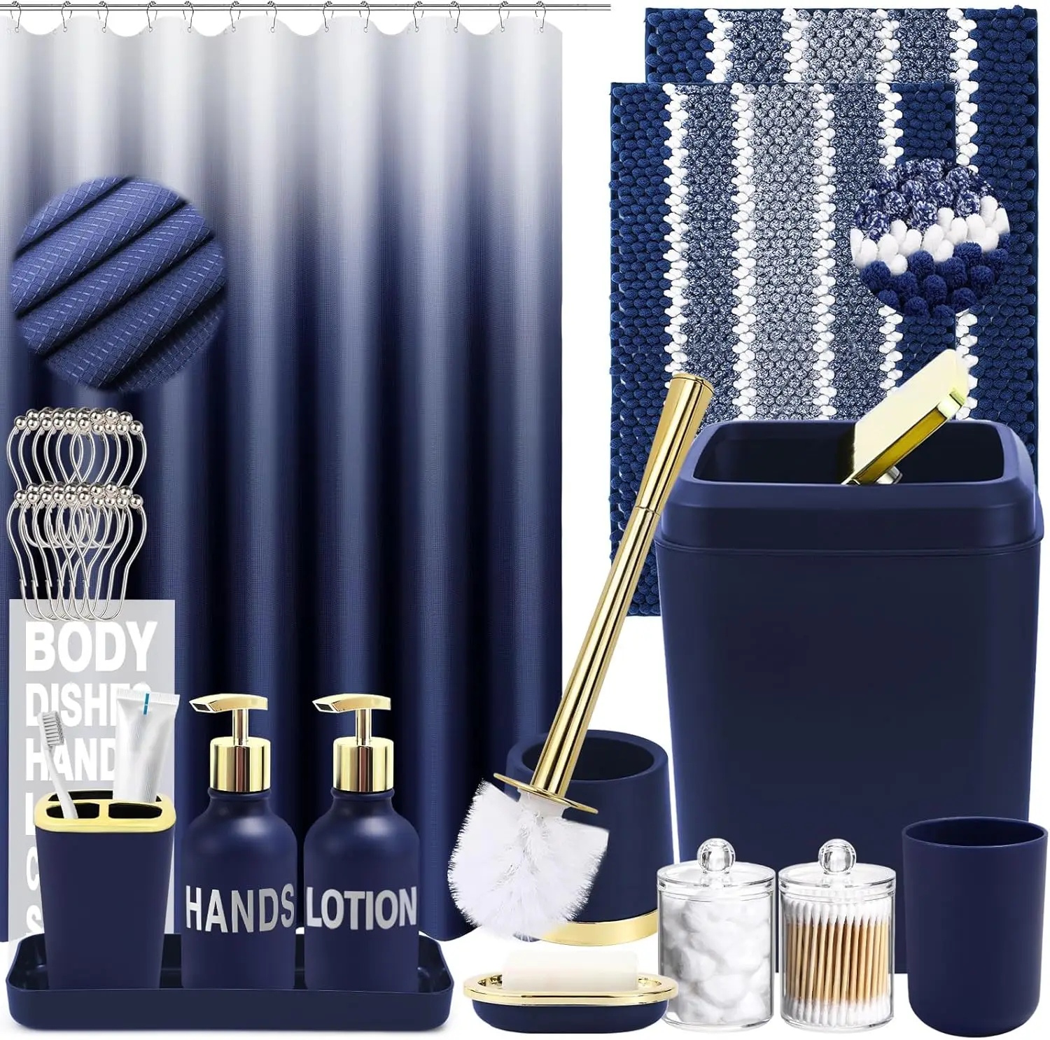 

25-Piece Navy Blue Bathroom Set with Shower Curtain, Rugs, Trash Can, Toilet Brush, Soap Dispenser, Toothbrush Holder and Cup