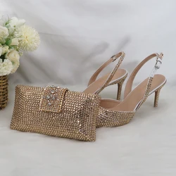 2023 New Arrival bridal Champagne Gold Pointed Toe Wedding Shoes and bag Woman High Pumps Thin Heel Party Shoes woman Slingbacks