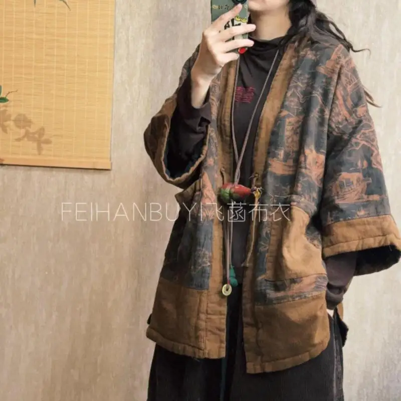 

Осенние женские свободные винтажные длинные куртки с рукавами «летучая мышь» в стиле искусства, высококачественные утепленные хлопковые льняные пальто с v-образным вырезом и винтажным принтом