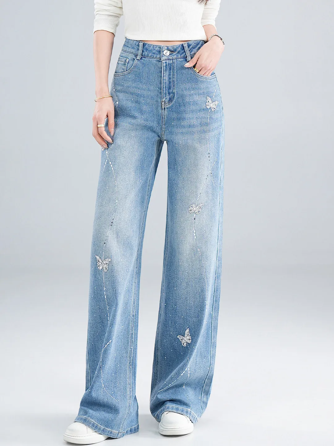 

American Retro Heavyweight Rhinestone Denim Pants Women's Sexy Slimming Wide Leg Floor-Length Trousers