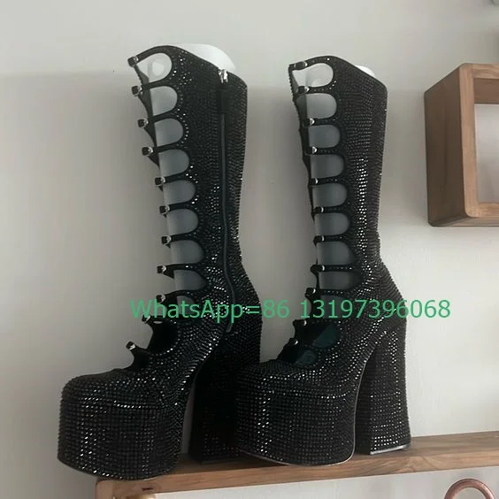 Lady glitter sexy black calf boots platform cut-out chunky heel gothic style boots punk rhinestone Mary Janes runway boots 3546