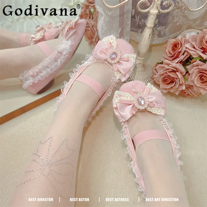 

Original Design 2026 Japanese New Sweet Girl Lolita High Heels Sweet Fairy Rhinestone Lace Bow Pumps Women's Single Shoes