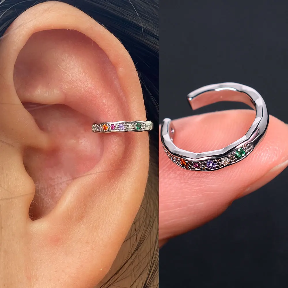 1Piece Geometry Rainbow CZ Cuff Wrap Clip On Earrings Women Girls Climber Ear Cartilage Bone Clips Fake Earring Non Piercing