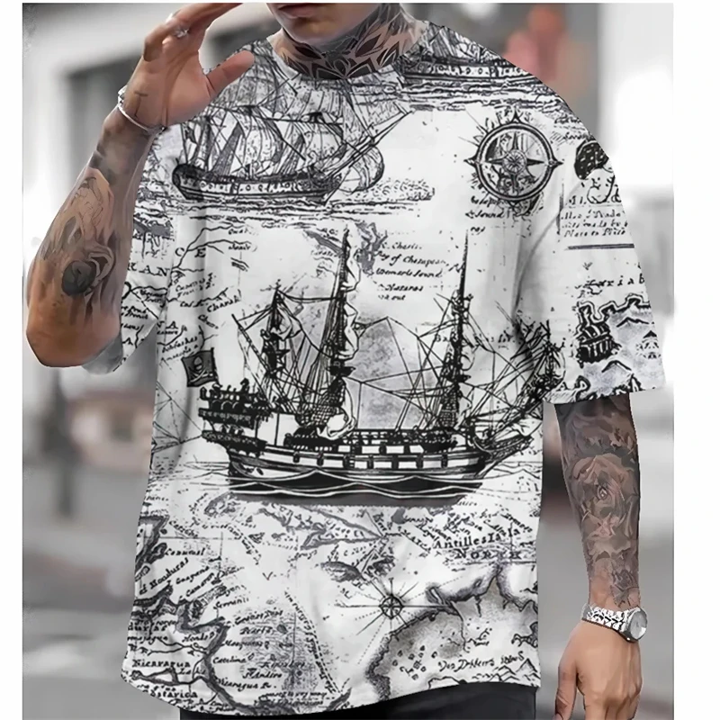 Retro Short Sleeve T-shirt For Men Street Fashion Male Clothing 3d Nautical Printed Men's Tee Shirts Summer Oversized Tees Tops