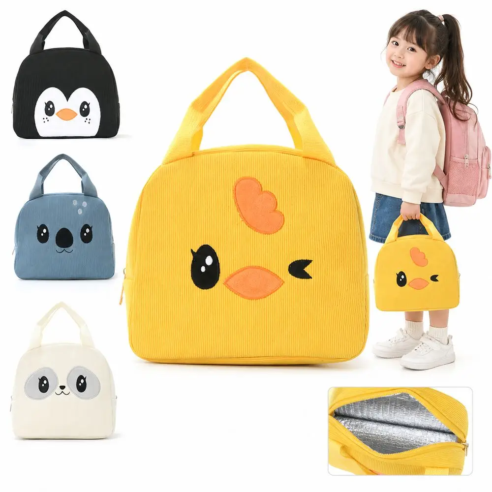 Durable Cartoon Insulated Lunch Bag Portable Carry Handle Thermal Lunch Box Corduroy Reusable Meal Pack Meal Storage