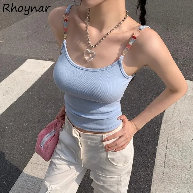 Cropped Blue Camis Women Summer Lovely Girls Beading Design Slim Fit Tops Y2k Korean Fashion Attractive Casual All-match Chic