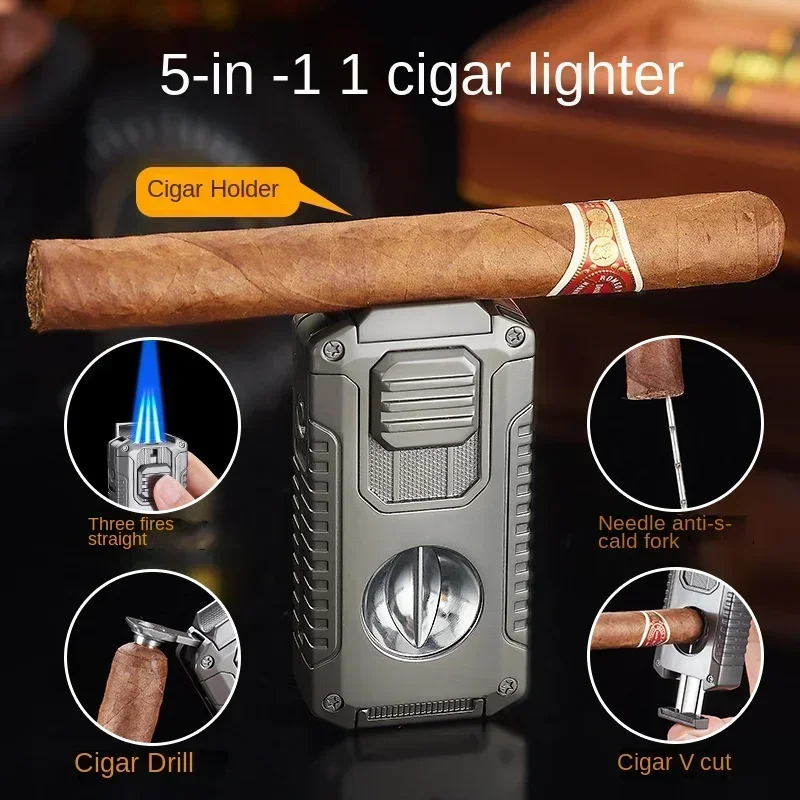 2024 Multifunctional Three-jet Flame Direct Injection Cigar Lighter with Built-in V-shaped Cigar Cutter Portable Five-in-one