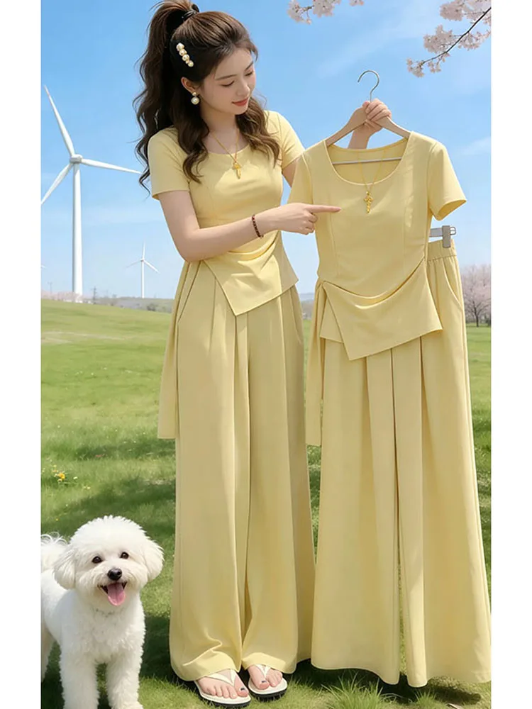 

Summer 2026 Women's Slim Fit Short Sleeve T-Shirt High Waist Wide Leg Pants Fashionable Unique Casual Style Two Piece Set