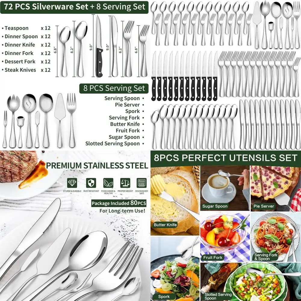 

Набор столовых приборов из нержавеющей стали на 12 человек с сервировочными инструментами, ножами для стейка и сверхмощными столовыми приборами для домашнего и ресторана, D