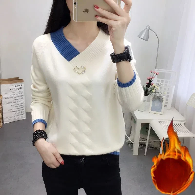 Autumn Winter Women\'s Clothing V-Neck Flocking Solid Color Sweater Knitted Elegant Pullover Fashionable Screw Thread Tops