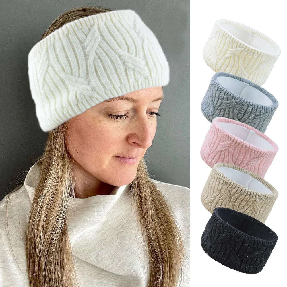 Women Knit Wide Elastic Hair Band Outdoor Ear Warmer Head Cover Cable Fleece Lined Headband Ear Protection DIY Hair Accessories