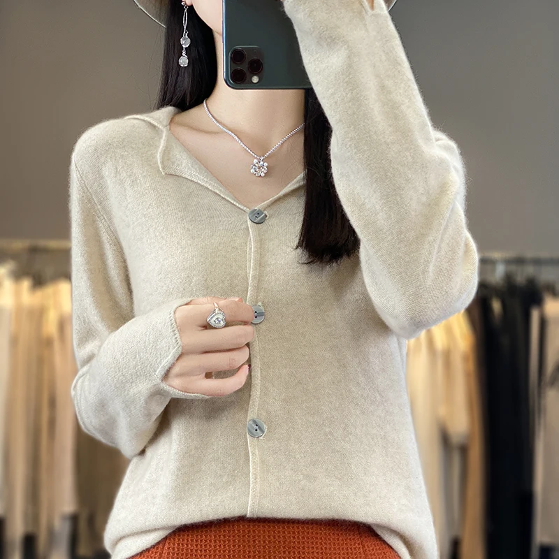 

100% Pure Cashmere Sweater Women's Suit Collar Solid Color Long-sleeved Sweater Sweater Loose Sweater Coat Top