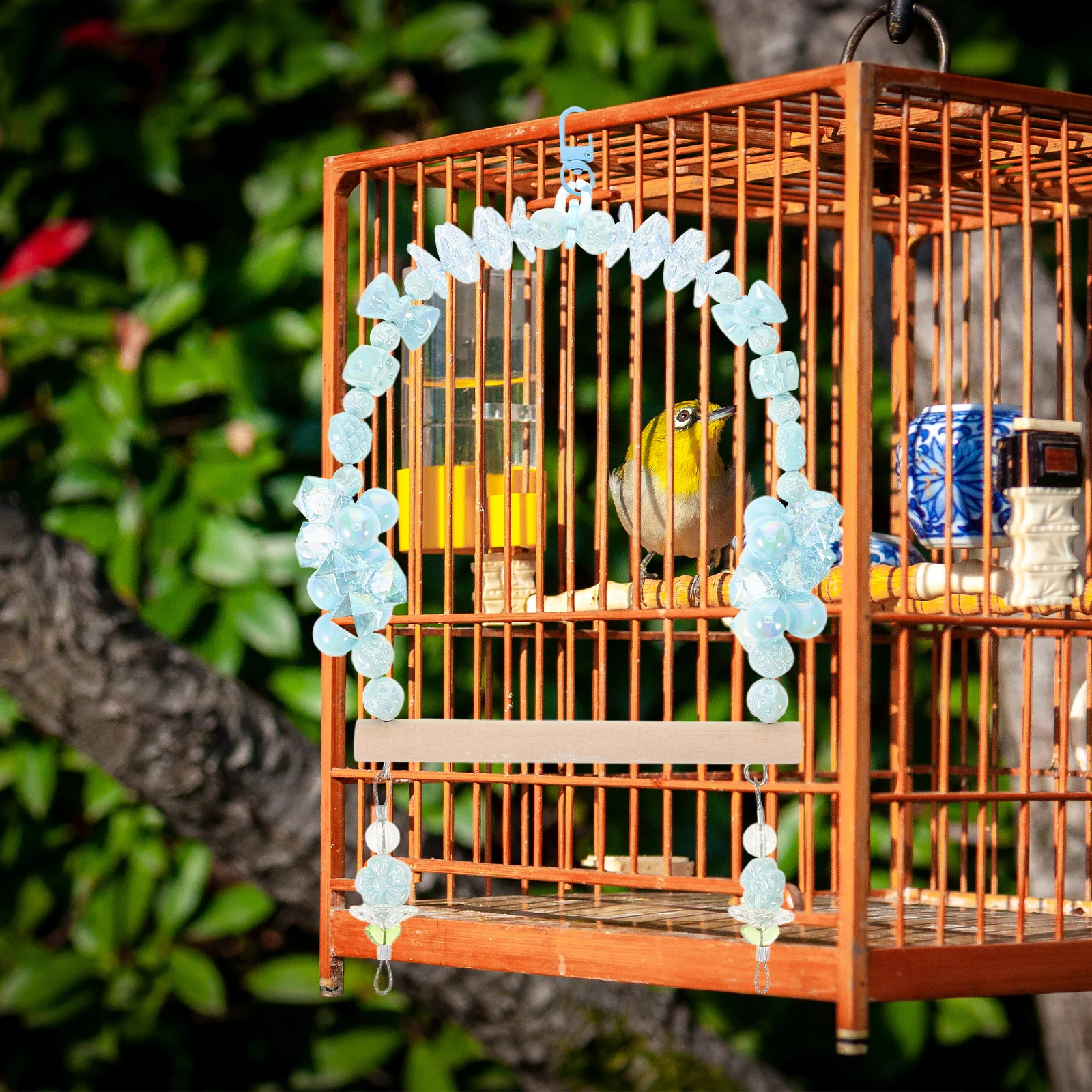 

Parrot Bird Swing Perch Cage Chewing Climbing Stand Beaded Blue Bowknot Wooden Playground Parakeet Cockatiel Budgerigar Pet