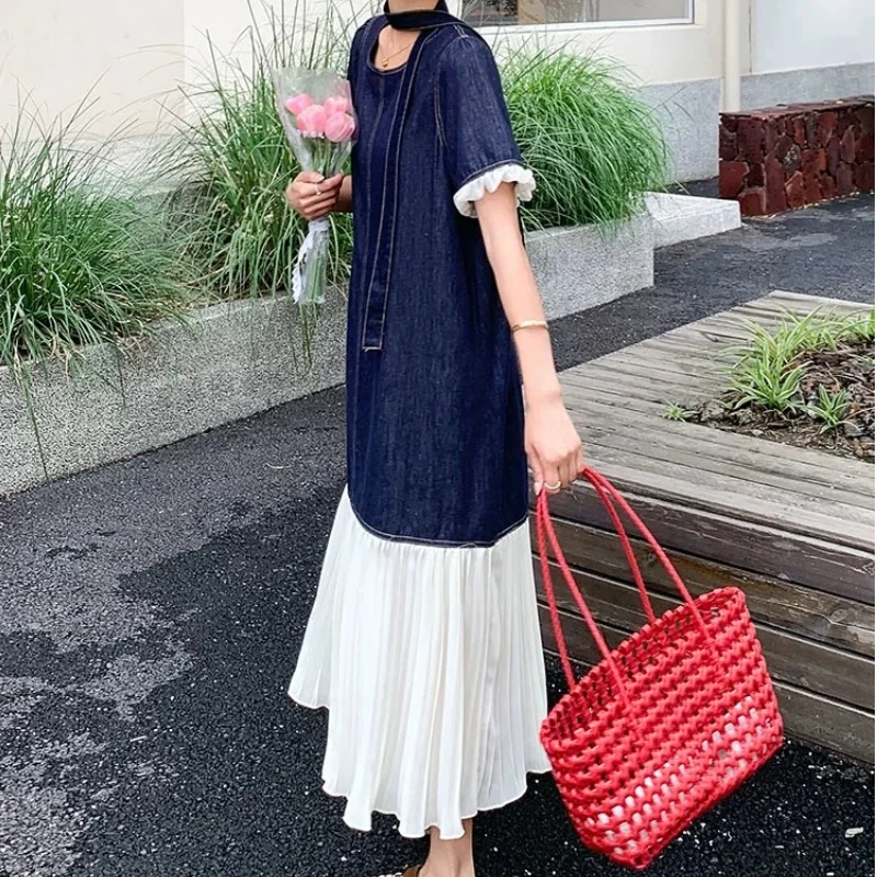 French Chic Patchwork Denim Dresses for 2026 Summer New Mermaid Lady Vestidos Elegant Jeans Female Robe Clothes KE581 - view 5