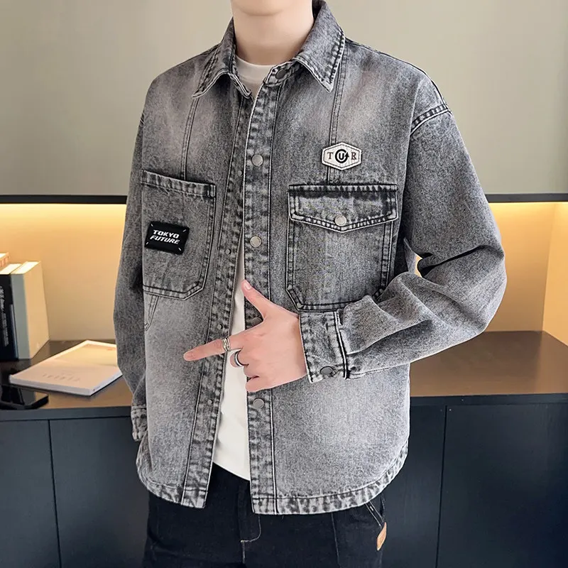 

Fall Men's Denim irt Jaet Casual Versatile Waed Retro American Streetwear Large Size Youth Faion Stand Fit Long Sl...