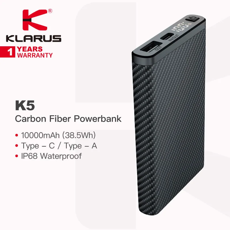 klarus powerbank de fibra de carbono a prova dagua leve carregamento rapido tipo c tipo a capacidade 10000mah ip68 225w k5 01