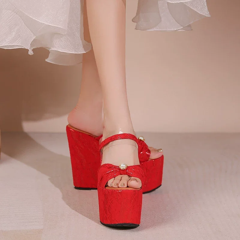 15cm Super High Heel Platform Sandals Women Open Toe Wedge Slides Runway Model Slip On Thick Bottom Wedding Dress Shoes