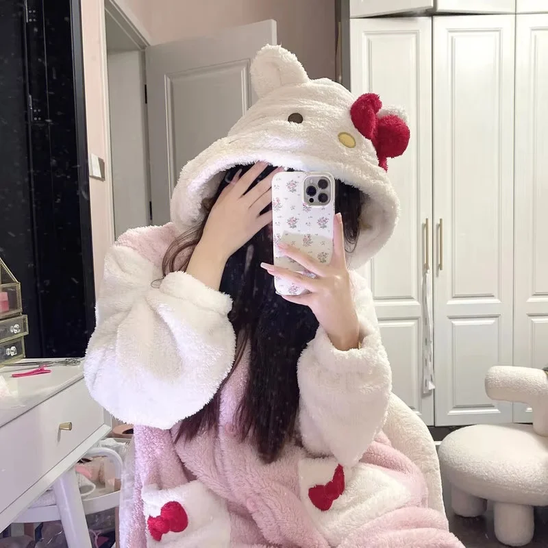 2024 Hello Kitty Pajamas Women\'S Autumn And Winter Coral Velvet Thickened Bathrobe Cute Winter Nightgown Long Women\'S Suit