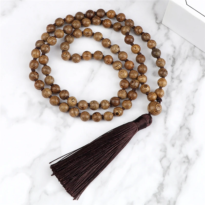 6/8/10mm Wooden Beads Necklaces Mala Buddhist 108 Sandalwood Rosary Necklace Women Men  Fashion Jewelry with Tassel Pendant Gift