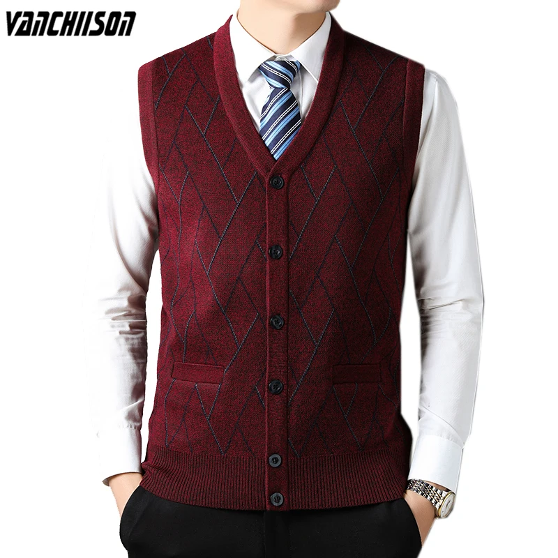 

Men 14% Wool Knit Vest Sleeveless Sweater Cardigan Thick Basic for Autumn Winter Buttons Down V Neck Argyle Vintage Casual 01015