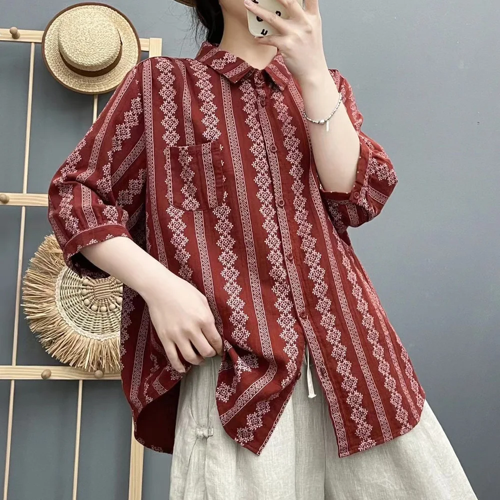 

New 2026 Summer Women Cotton Yarn 3/4 Sleeve Shirt, Turn-down Collar Print, Mori Girl Ethnic Style Thin Loose Blouse T65796CC