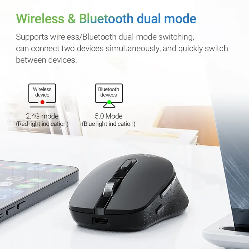 ماوس أيسر لاسلكي يدعم Bluetooth5.0 ماوس مريح كتم أزرار ماوس مزدوج الوضع للكمبيوتر اللوحي وأجهزة الكمبيوتر المحمولة والكمبيوتر الشخصي 2.4G الفئران