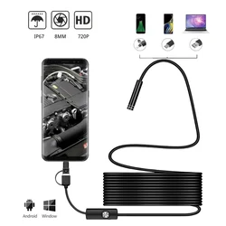 Telecamera per endoscopio USB da 15m 8.0mm 720P per telefono Android OTG PC 3 in 1 tipo C endoscopio flessibile per ispezione di tubi per auto con 6 LED