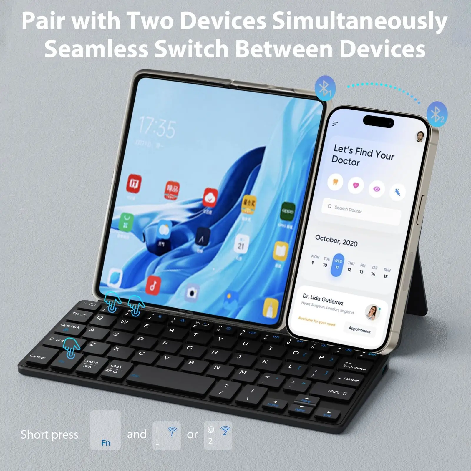 Imagem -02 - Mini Teclado Bluetooth para Ipad Dual Device com Suporte e Capa de Couro para Android Windows Ios