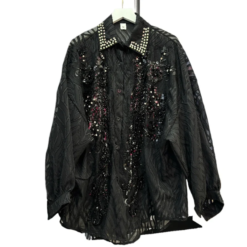 

Новая корейская версия универсальной женской рубашки с длинным рукавом, дизайнерский нишевый топ средней и длинной длины с пайетками и стразами в стиле Heavy Industry