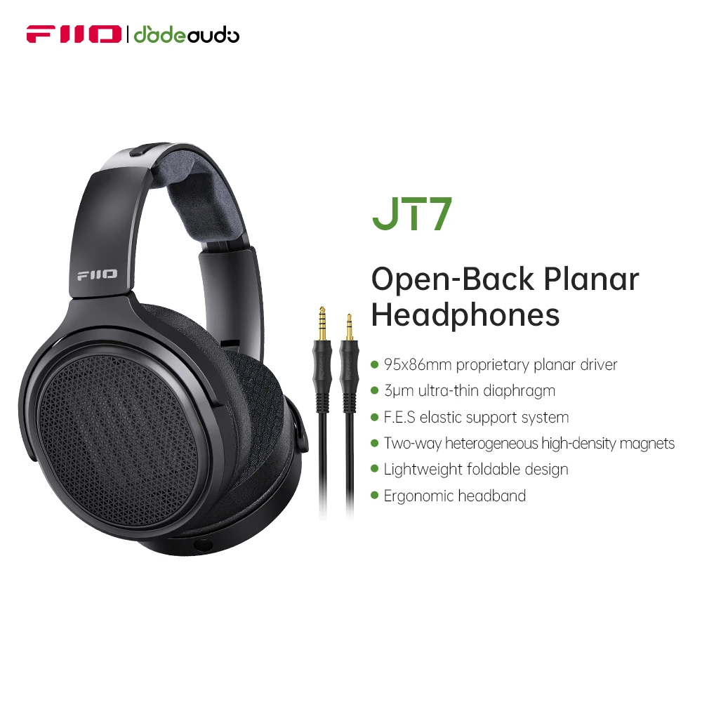 FiiO JT7 Over-Ear Planar Magnetic Audiophile Headphones with 95x86mm Planar Driver design,Adjustable Headband,4.4mm/3.5mm Cable