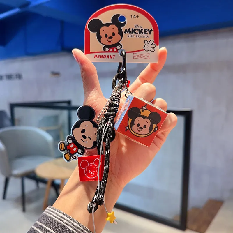 Genuine Disney Goofy Keychain Magic Cube Anime Action Figure Toy Acrylic Pendant Handmade Braided Rope Keyring Festival Birthday