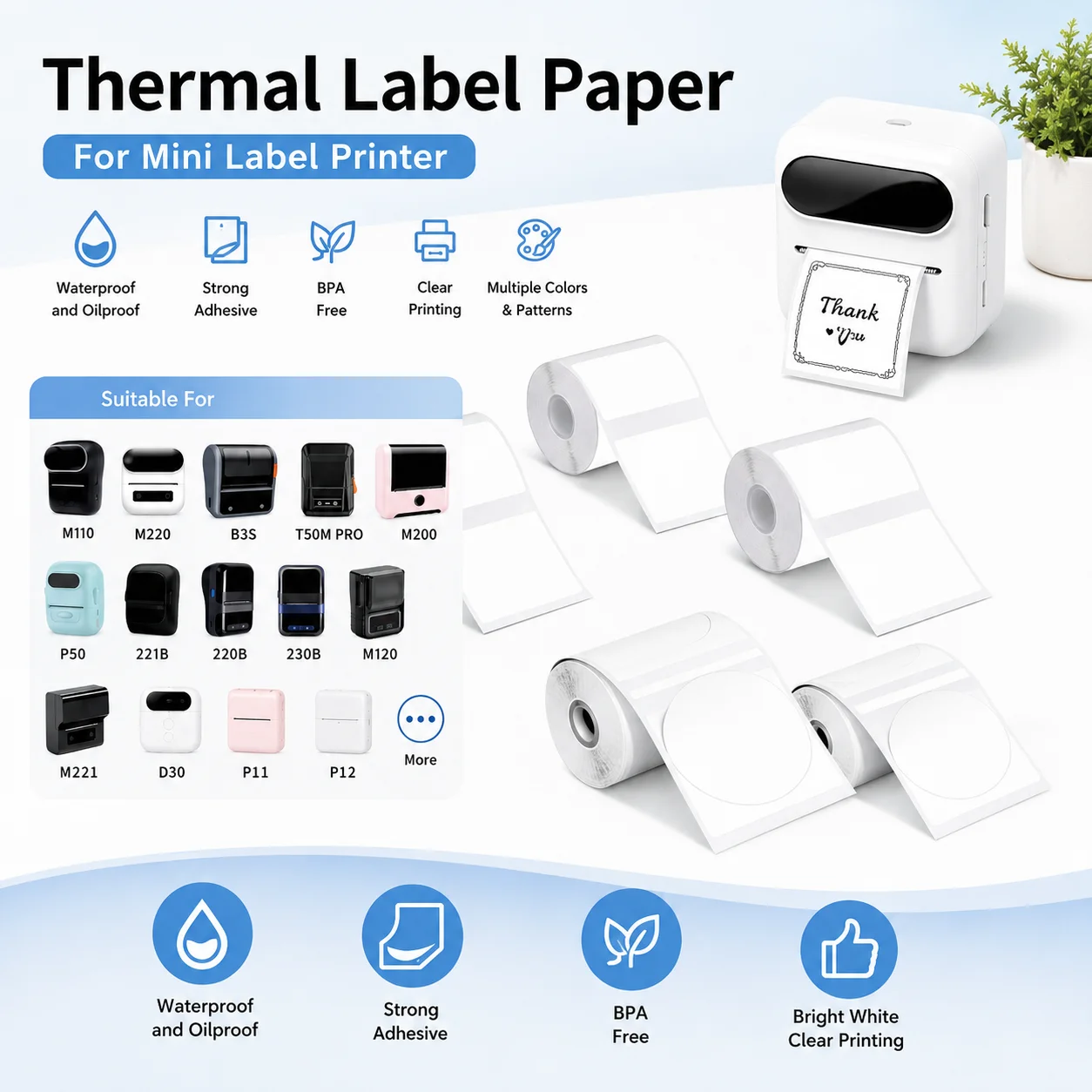White Thermal Label Paper Roll Self Adhesive Printable Compatible for M110 M220 M120 Printer Kitchen Jar Mailing Address