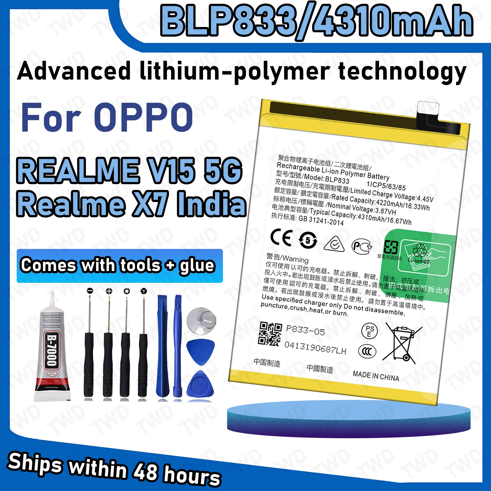 

BLP833 Large capacity Battery For OPPO REALME V15 5G/ Realme X7 india Batteries New High Quanlity+Free Tools