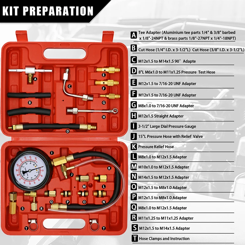 TU-114 Fuel Injector Pressure Gauge Tester Kit Diesel Engine Compression 0-140 PSI Gas Oil Pressure Tools for Car Motorcycle