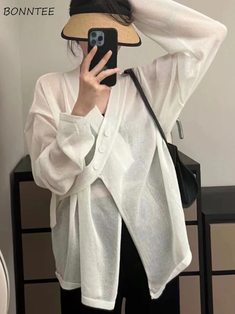 

Solid Cardigan Women Loose Thin Long Sleeve Spring Korean Style Sun-proof Chic All-match Design Breathable Elegant Female Свитер