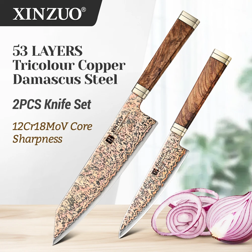 

XINZUO 8.3‘’Bunka 5.3‘’Utility Knife Combo 2PCS Knife Set 53 Layers Damascus Steel Blade Hardness 60±2 HRC Acacia Wood Box